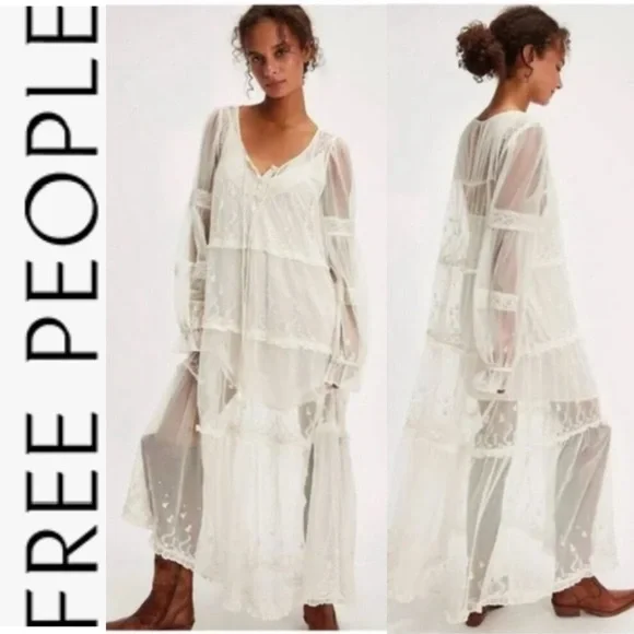 FINAL LAST CHANCE NWOT Free People Stevie Sheer Lace Ivory Maxi Dress xs - Picture 1 of 15